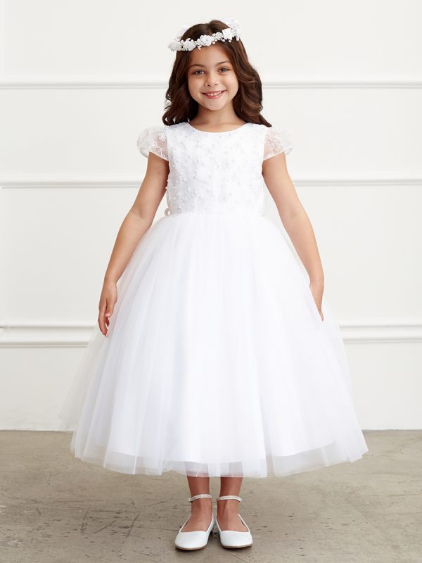 5831 — 5831 White Communion Dresses Corded Lace Bodice With Pearls and Sequins
