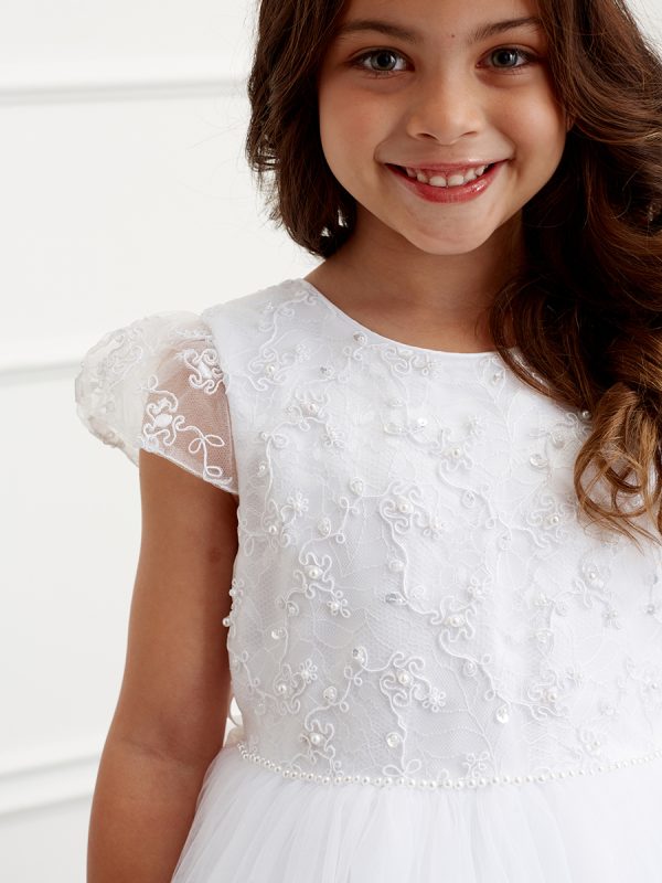 5831 2 01 — 5831 White Communion Dresses Corded Lace Bodice With Pearls and Sequins