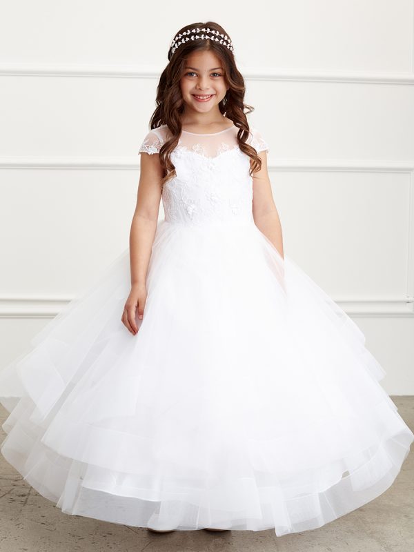 5835 — 5835 Ivory Communion Dresses Illusion Neckline With Lace Bodice and Cap Sleeves