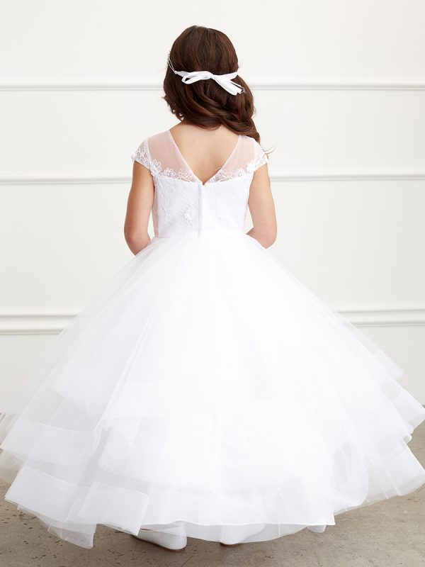 5835 1 — 5835 Ivory Communion Dresses Illusion Neckline With Lace Bodice and Cap Sleeves