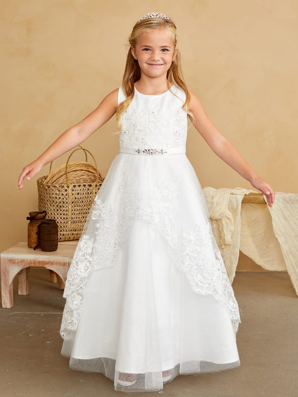 5838 4 — 5838 Ivory Communion Dresses Full Length Lace Bodice Dress With a Lace Peplum Overlay Skirt