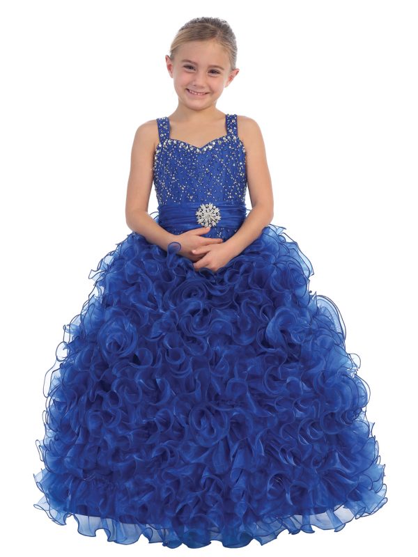 7007 — 7007 Aqua Pageant Dresses Fancy Pageant Dress With 1" Tab Straps, Sweetheart Neckline, Straight Back With Corset Ties, Heavily Beaded Organza Overlay Satin Bodice & Straps, Gathered Organza Sewn in Sash on Front Waist With Detachable Rhinestone Brooch, 3d Organza Floral Skirt.