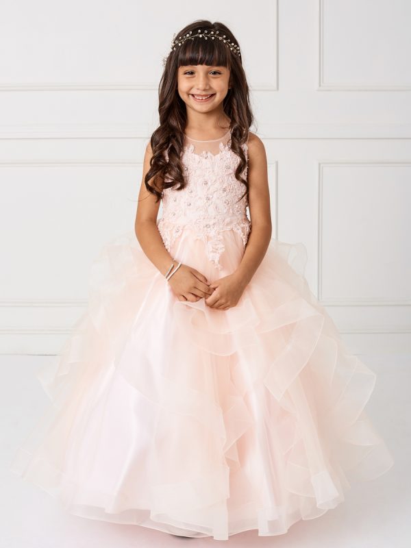 7018 10 — 7018 Blush Flower Girl Dresses Girls Sleeveless Illusion Neckline Pageant Dress With Lace Applique Bodice and Layered Horse Hair Trim Skirt. Has a Rear Center Zipper and Corset Tie Back