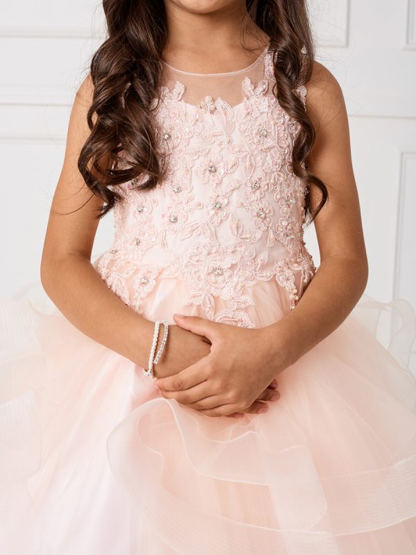7018 11 — 7018 Blush Flower Girl Dresses Girls Sleeveless Illusion Neckline Pageant Dress With Lace Applique Bodice and Layered Horse Hair Trim Skirt. Has a Rear Center Zipper and Corset Tie Back