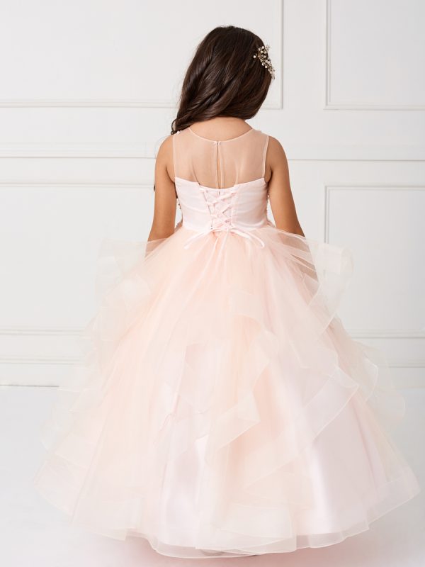 7018 12 — 7018 Blush Flower Girl Dresses Girls Sleeveless Illusion Neckline Pageant Dress With Lace Applique Bodice and Layered Horse Hair Trim Skirt. Has a Rear Center Zipper and Corset Tie Back