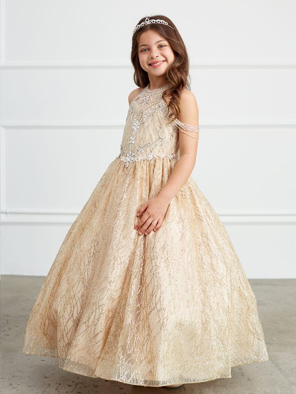 7032 4 — 7032 GOLD Pageant Dresses CHOKER STYLE DRESS WITH DANGLING BEADS