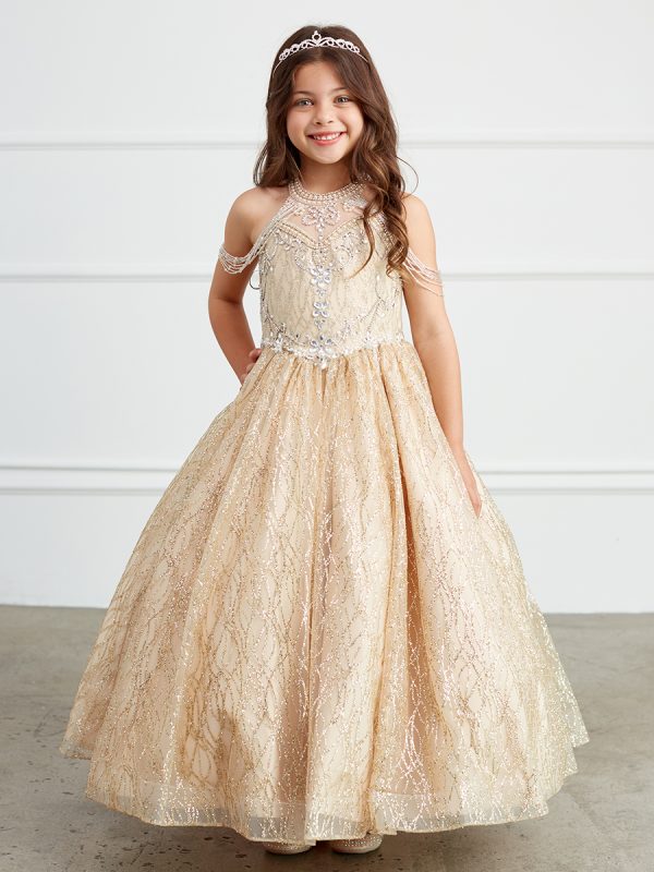 7032 5 — 7032 GOLD Pageant Dresses CHOKER STYLE DRESS WITH DANGLING BEADS