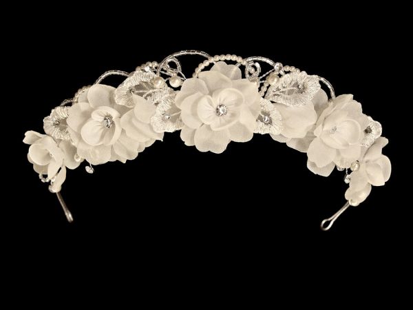 7435 Ivory — 7435 IVO Organza flowers with Rhinestone flower headpiece - Hair Accessories