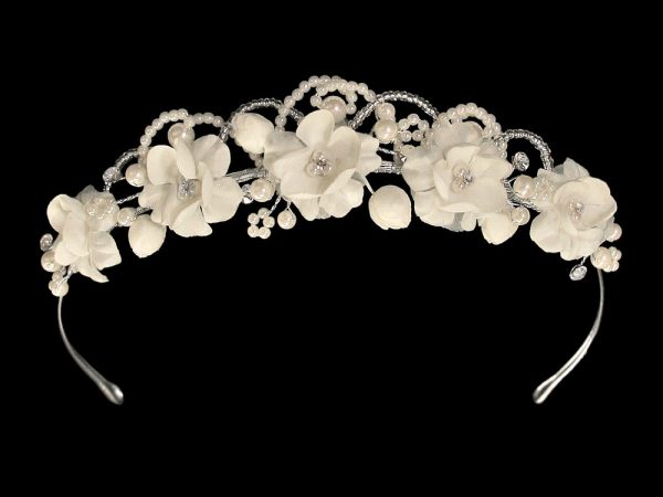 7441 Ivory — 7441 IVO Satin floral with rhinestone & pearls headpiece - Hair Accessories