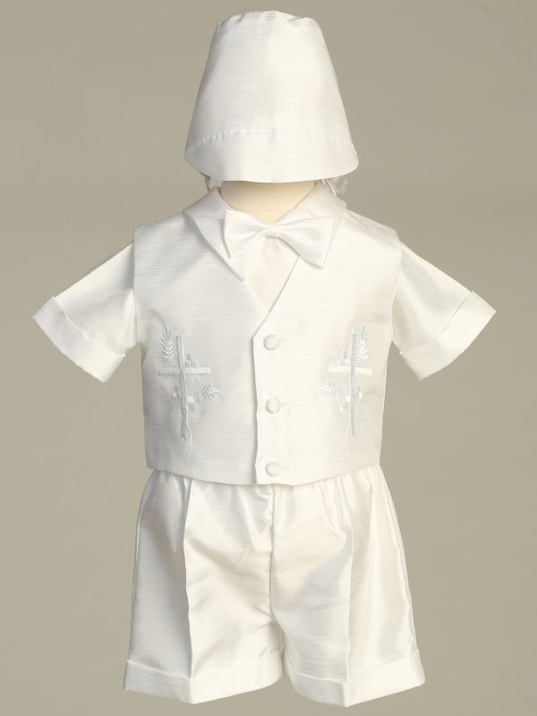 8470 White — 8470A WHT Embroidered shantung vest with shirt and short set - Boys