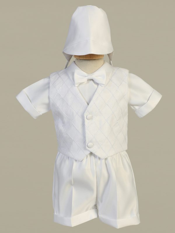 8477 W — 8477 WHT Embroidered organza vest with satin shirt and short set - Boys