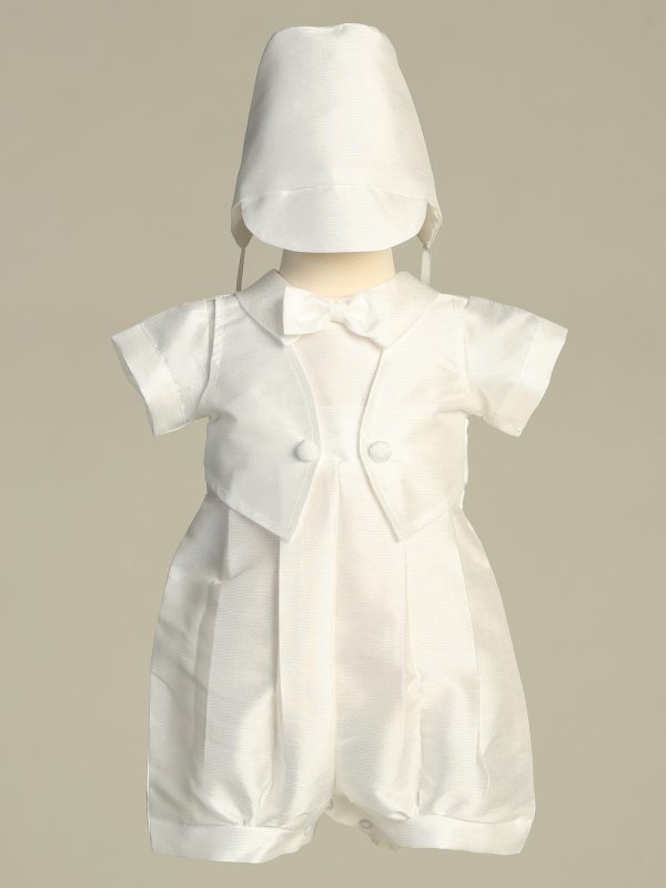 8480 White — 8480 WHT Poly bengaline romper with hat - Boys