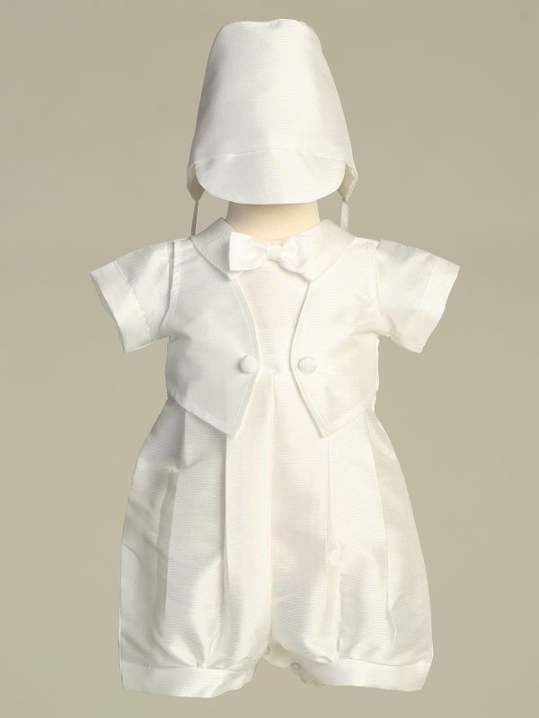 8480 White 01 — 8480 WHT Poly bengaline romper with hat - Boys