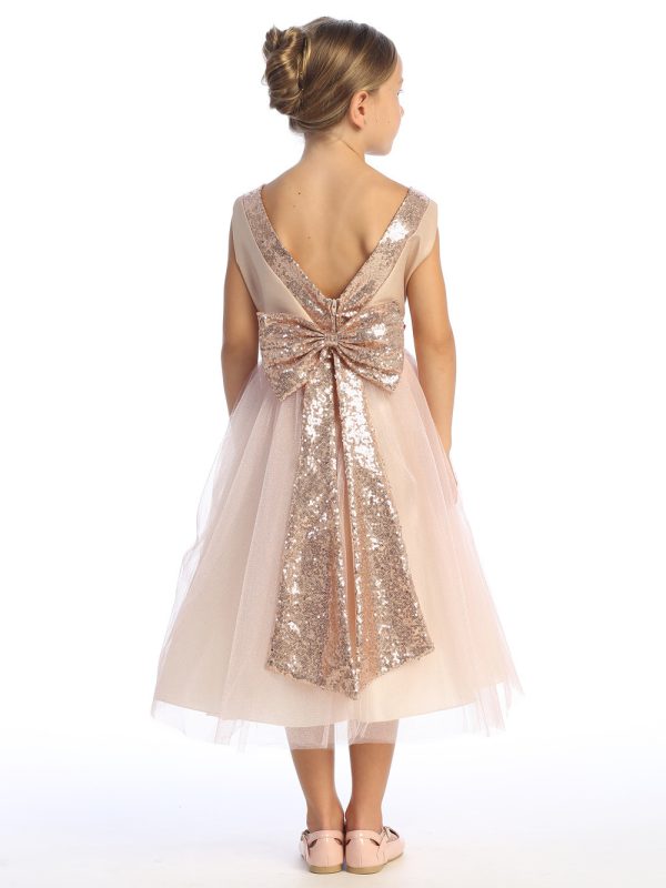 BL255 Blush Back model — BL255B BLUSH Shantung & Sparkle tulle with sequins V-Back trim - Flower Girl Dress