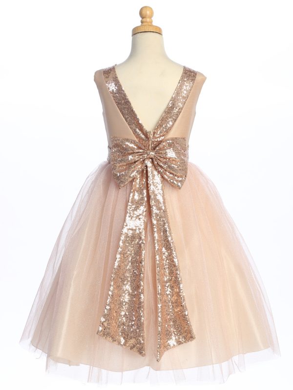 BL255 Blush back — BL255B BLUSH Shantung & Sparkle tulle with sequins V-Back trim - Flower Girl Dress