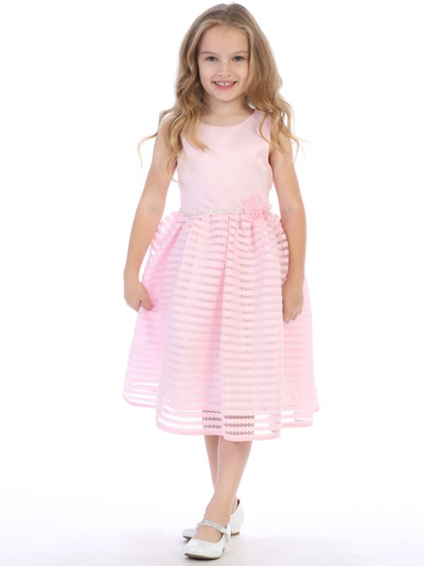 BL308 Pink without bolero — BL308B Ivory Satin and striped netting - Flower Girl Dress