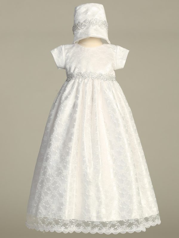 Cassandra White — CASSANDRA WHT Lace gown with silver embroidered trim - Girls