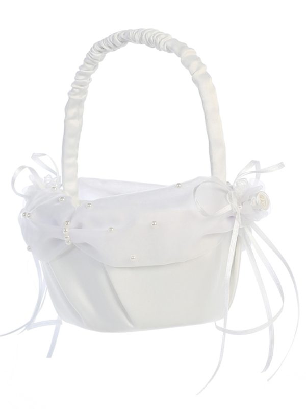 FB7W — FB7 WHT Flower Basket - Satin with pearled organza trim - Wedding Accessories