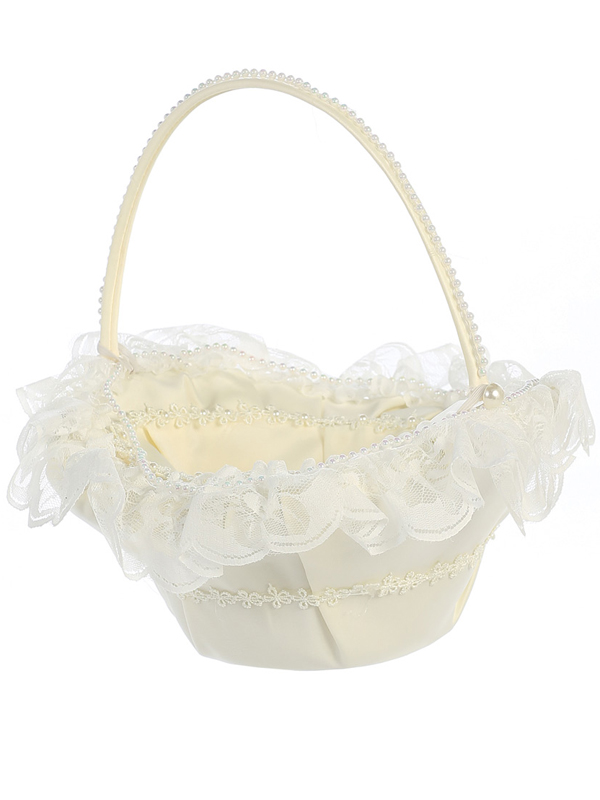 FB8I — FB8 IVO Flower Basket - Satin with lace & pearl trim - Wedding Accessories