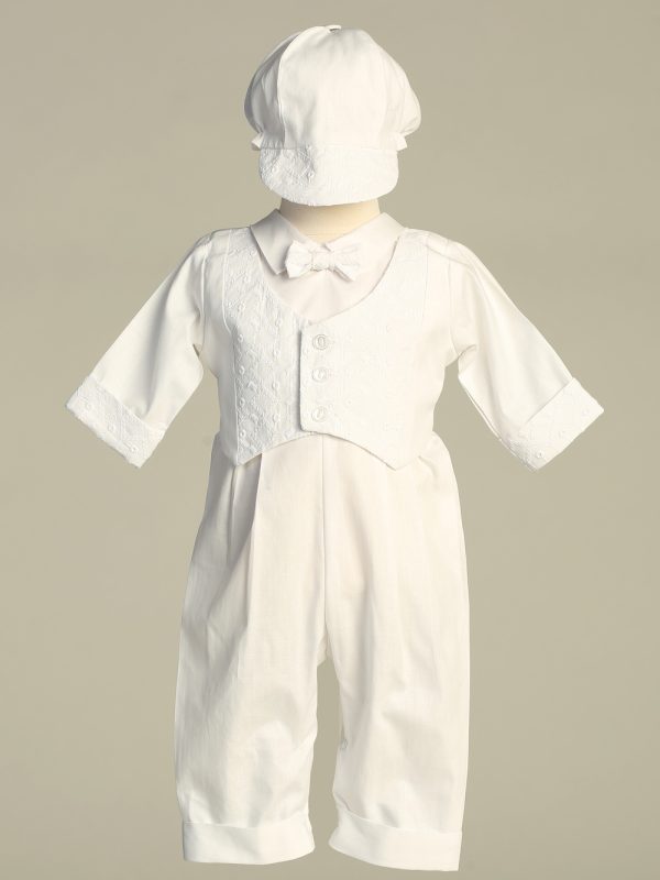 Grayson White — GRAYSON WHT Embroidered cotton vest with long poly cotton romper set - Boys