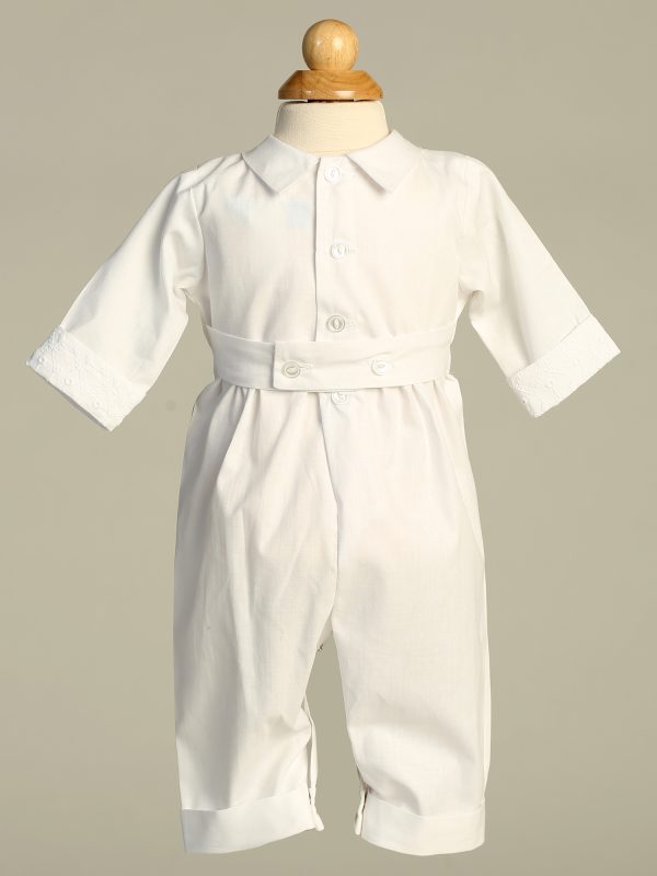 Grayson White Back — GRAYSON WHT Embroidered cotton vest with long poly cotton romper set - Boys