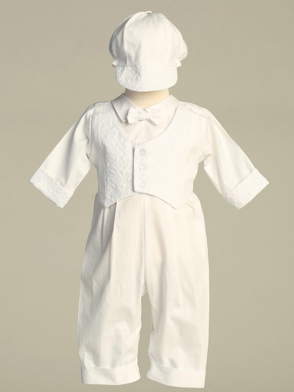 Grayson White 01 — GRAYSON WHT Embroidered cotton vest with long poly cotton romper set - Boys