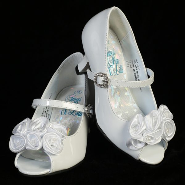 Nancy White — NANCY Ivory Girls shoes with 1 1/2" heel & satin flowers with pearl accents