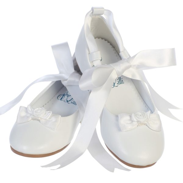 Rose White — ROSE-B WHT Girls ballerina style flat shoes with satin ribbon & bow accent