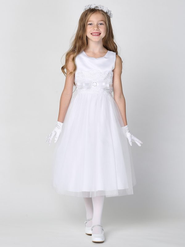 SP140 model — SP140 White First Communion Dress Satin with embroidered tulle