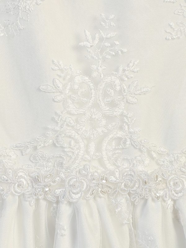 SP164 close up — SP164 White First Communion Dress Corded embroidery lace on tulle