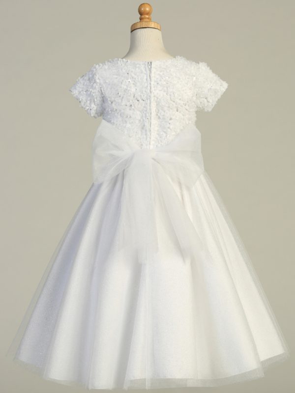 SP170 back — SP170 White First Communion Dress Chiffon laser cut on tulle with sequins & glitter tulle