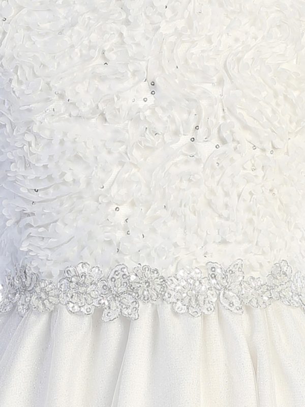 SP170 close up — SP170 White First Communion Dress Chiffon laser cut on tulle with sequins & glitter tulle