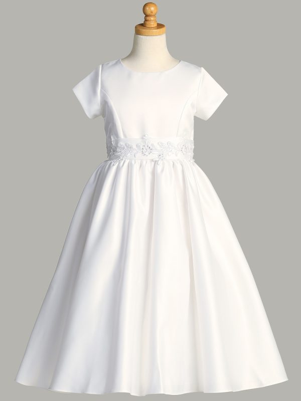 SP185 — SP185 White First Communion Dress Satin with silver corded trim