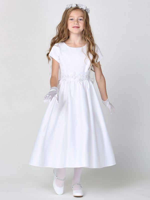 SP185 model — SP185 White First Communion Dress Satin with silver corded trim
