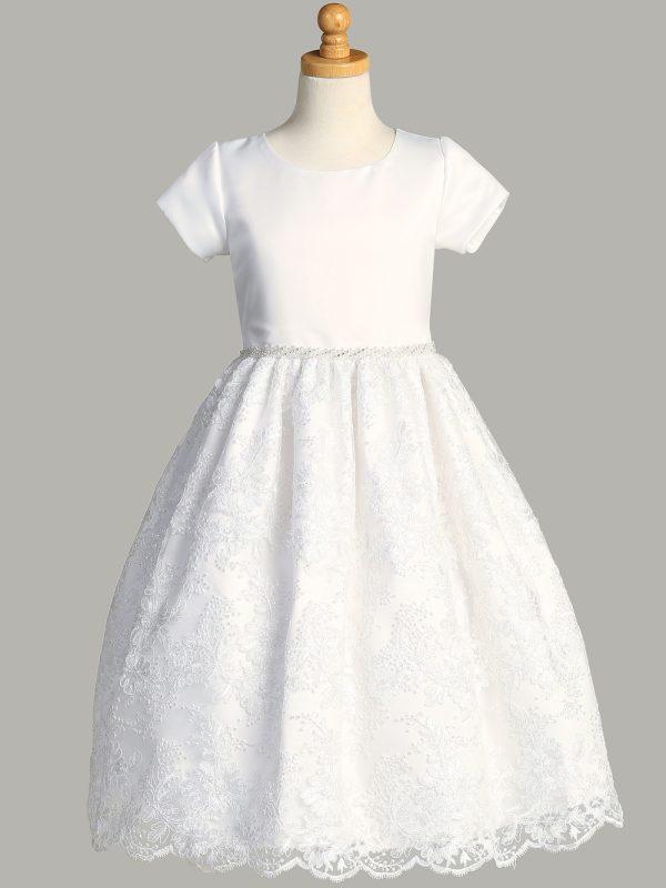 SP195 — SP195 White First Communion Dress Satin & Corded/Embroidered tulle with sequins