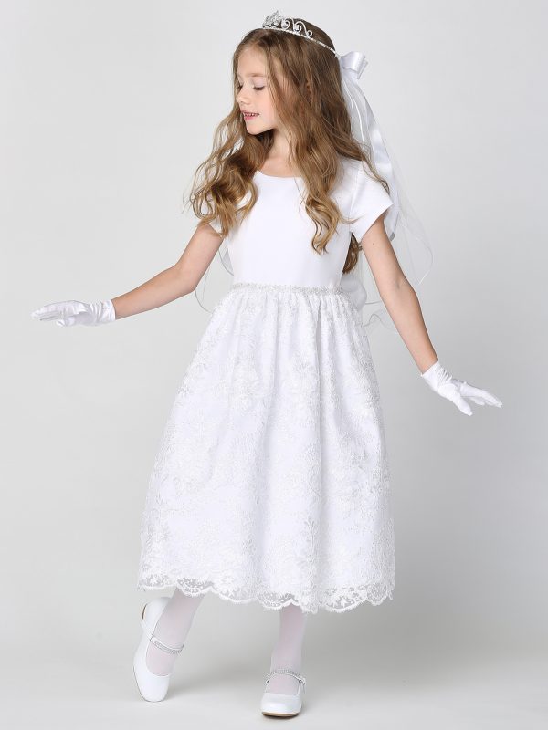 SP195 model — SP195 White First Communion Dress Satin & Corded/Embroidered tulle with sequins