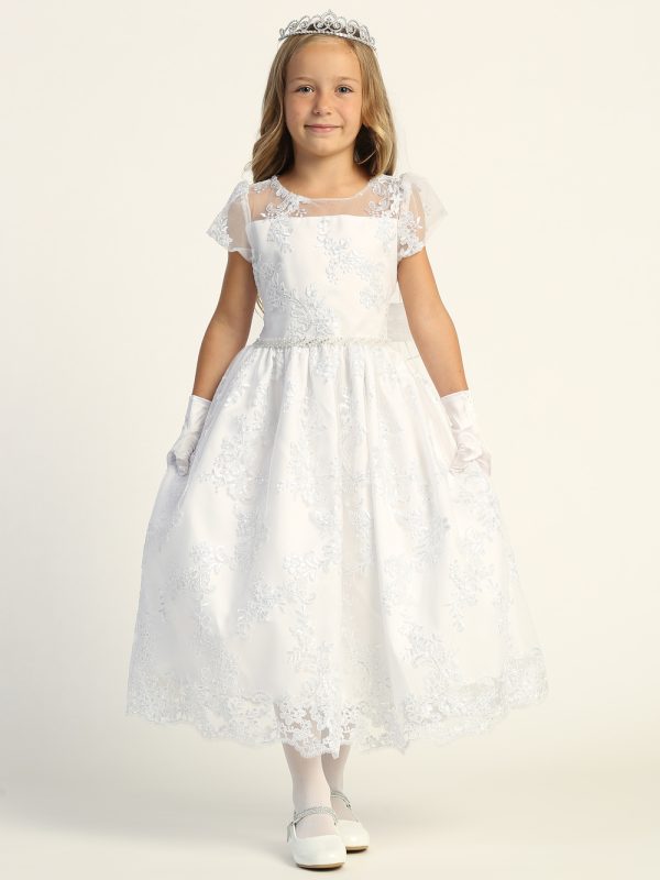 SP202 Model — SP202 White First Communion Dress Corded embroidered tulle with sequins