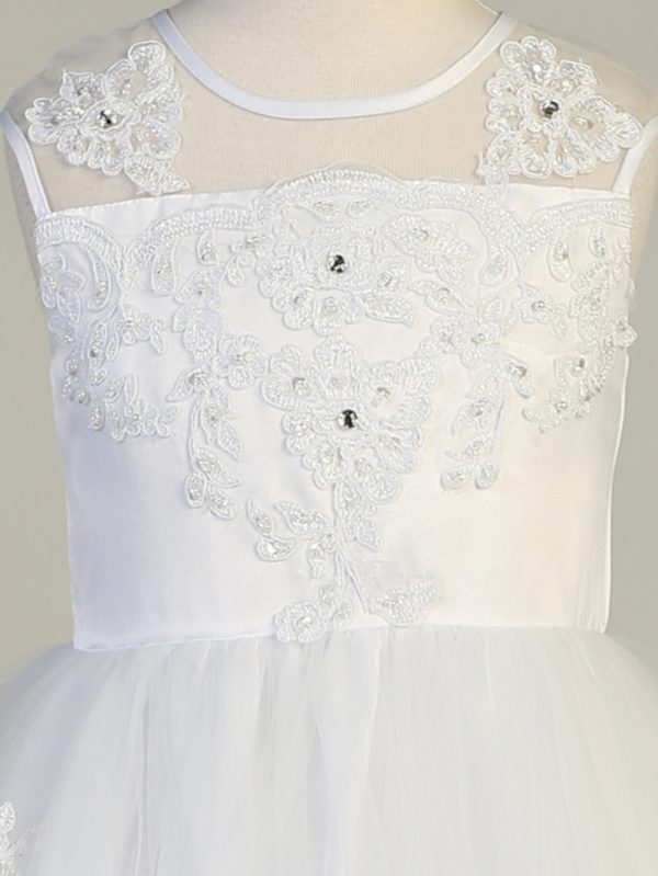SP648 top close up — SP648 White First Communion Dress Tulle with beaded applique