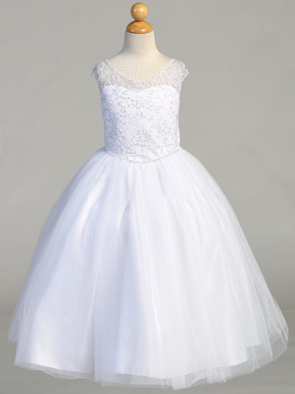 SP709 — SP709 White First Communion Dress Embroidered tulle w/ Sequins & Glitter Tulle