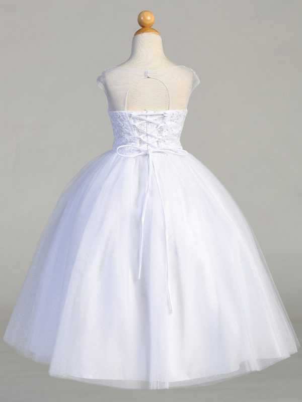 SP709 BACK — SP709 White First Communion Dress Embroidered tulle w/ Sequins & Glitter Tulle