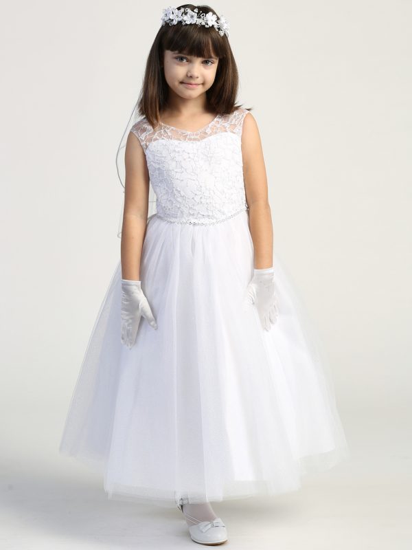 SP709 Model — SP709 White First Communion Dress Embroidered tulle w/ Sequins & Glitter Tulle