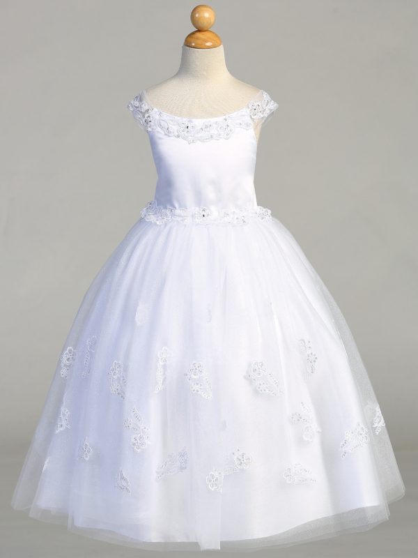 SP711 — SP711 White First Communion Dress Satin & Glitter Tulle w/ Embroidered Appliques