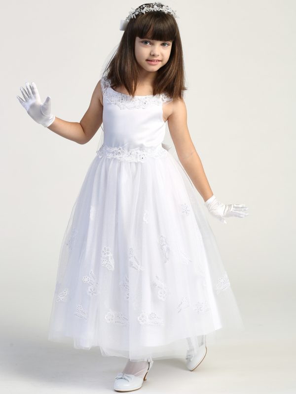 SP711 Model — SP711 White First Communion Dress Satin & Glitter Tulle w/ Embroidered Appliques