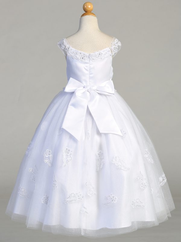 SP711 back — SP711 White First Communion Dress Satin & Glitter Tulle w/ Embroidered Appliques