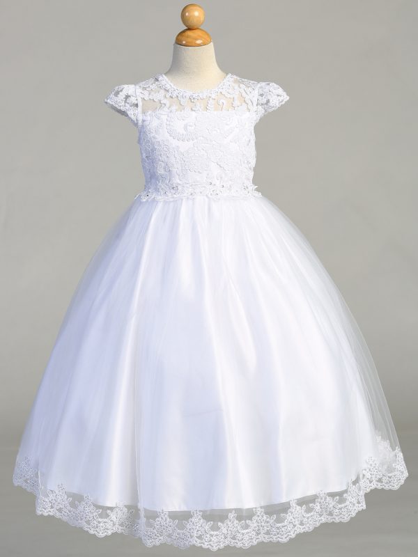 SP712 — SP712 White First Communion Dress Embroidered Lace on tulle with Beads & Sequins
