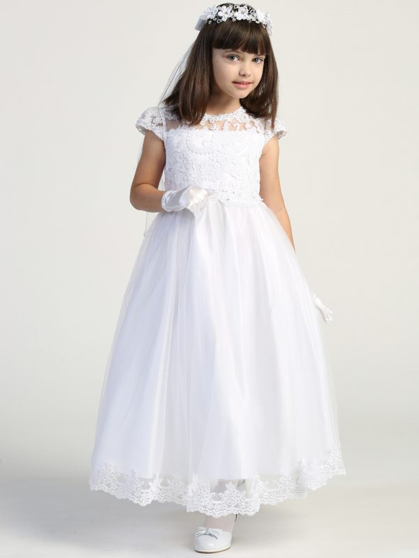 SP712 Model — SP712 White First Communion Dress Embroidered Lace on tulle with Beads & Sequins