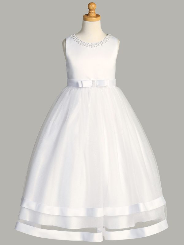 SP717 — SP717 White First Communion Dress Satin & Glitter tulle with pearl neckline