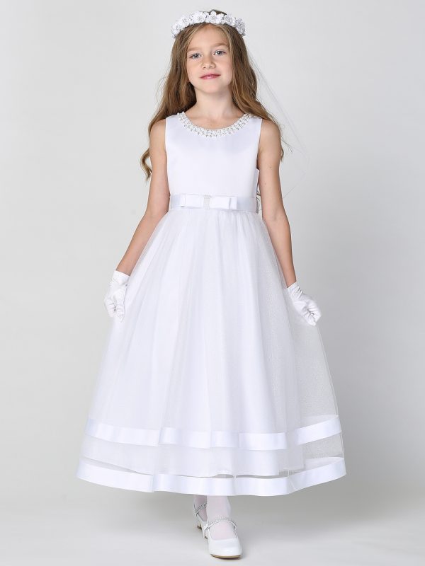 SP717 model — SP717 White First Communion Dress Satin & Glitter tulle with pearl neckline