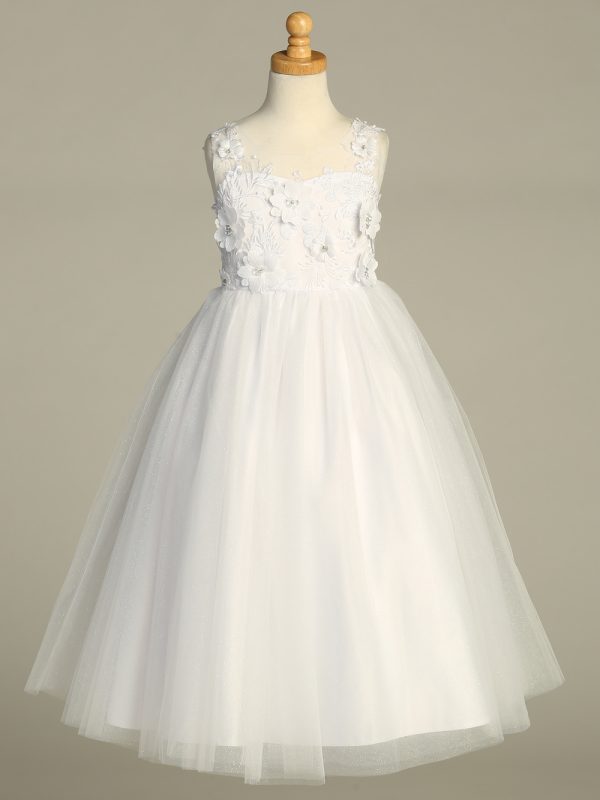 SP723 Front — SP723 White First Communion Dress Embroidered tulle with 3D flowers