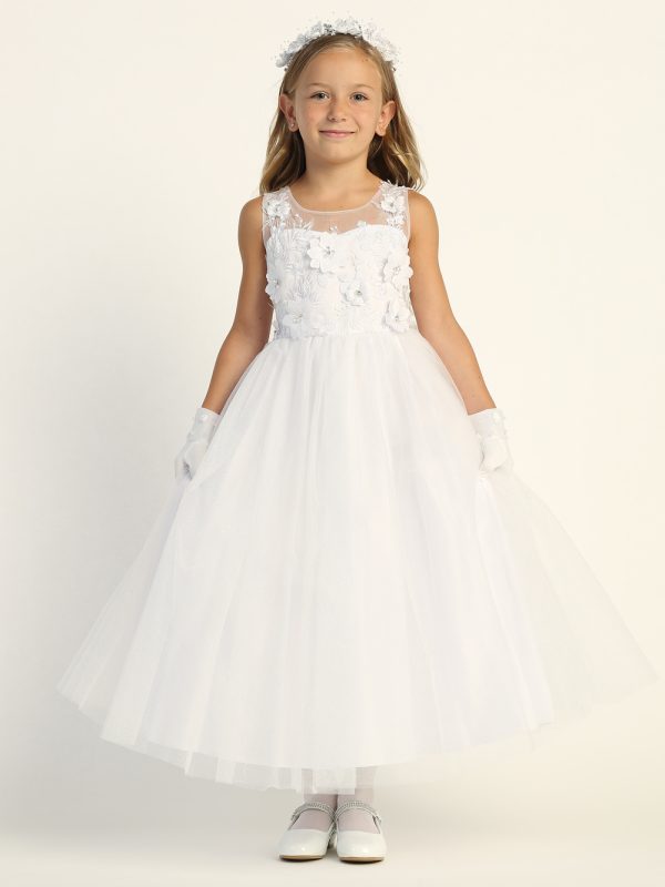 SP723 Model — SP723 White First Communion Dress Embroidered tulle with 3D flowers